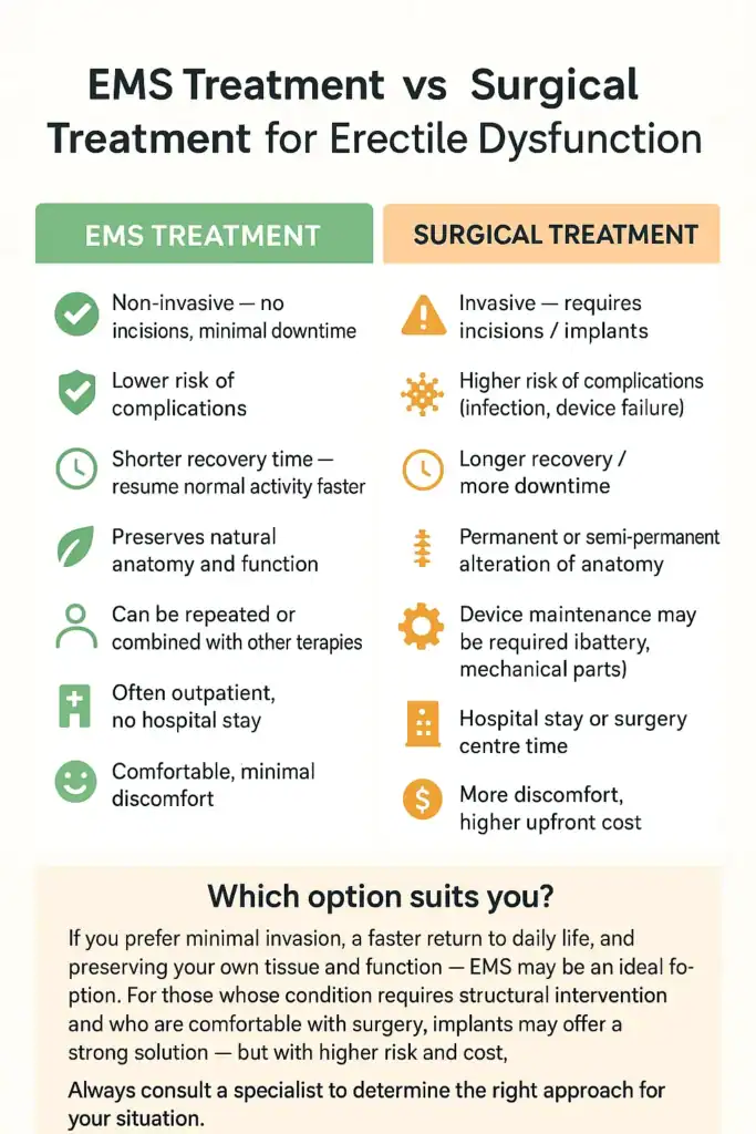 A table showing the benefits of EMS chair for erectile dysfunction treatment Middlesbrough compared to surgery.
