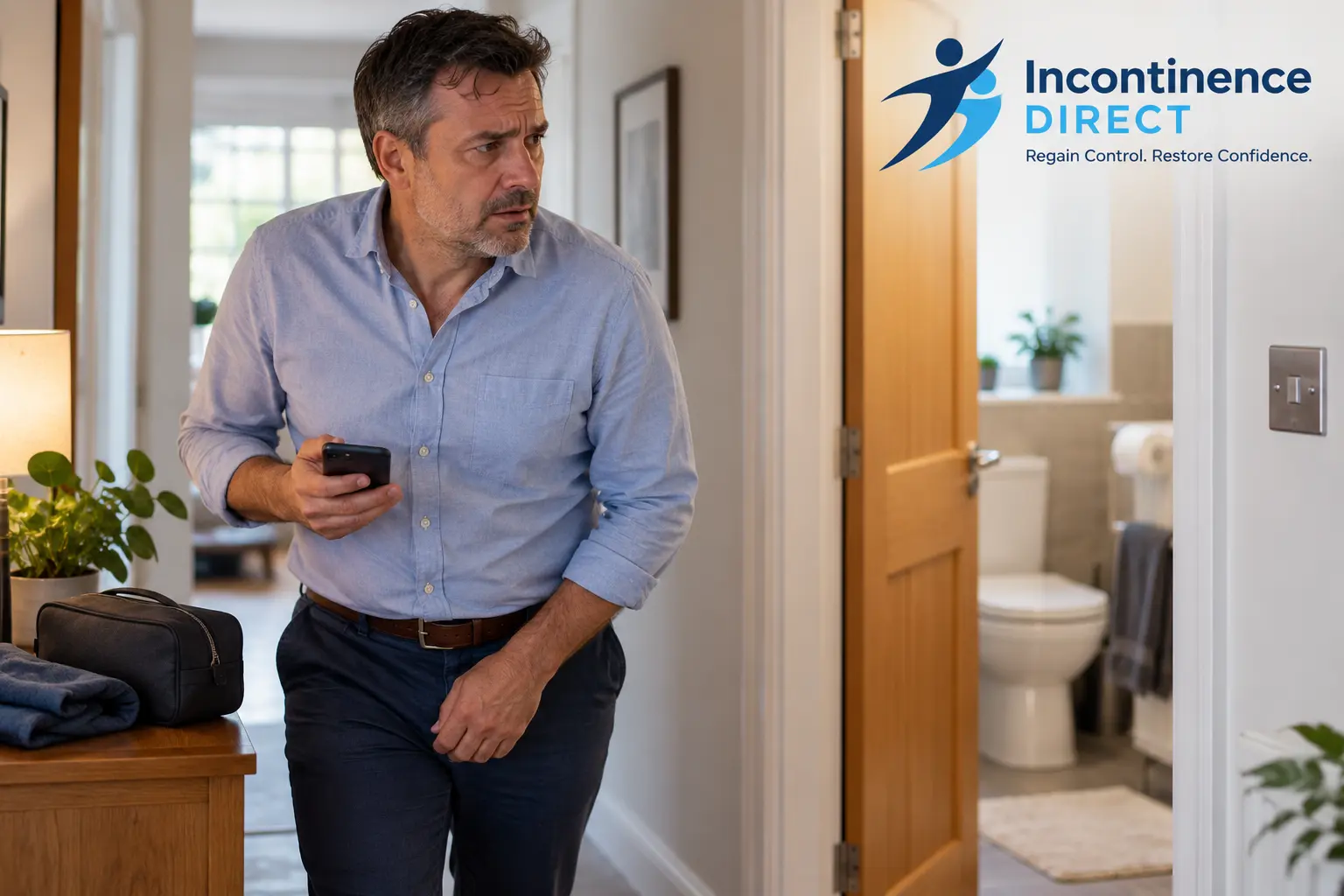 Worried Man Near Open Bathroom affected from faecal incontinence safety tips from incontinence direct Middlesbrough