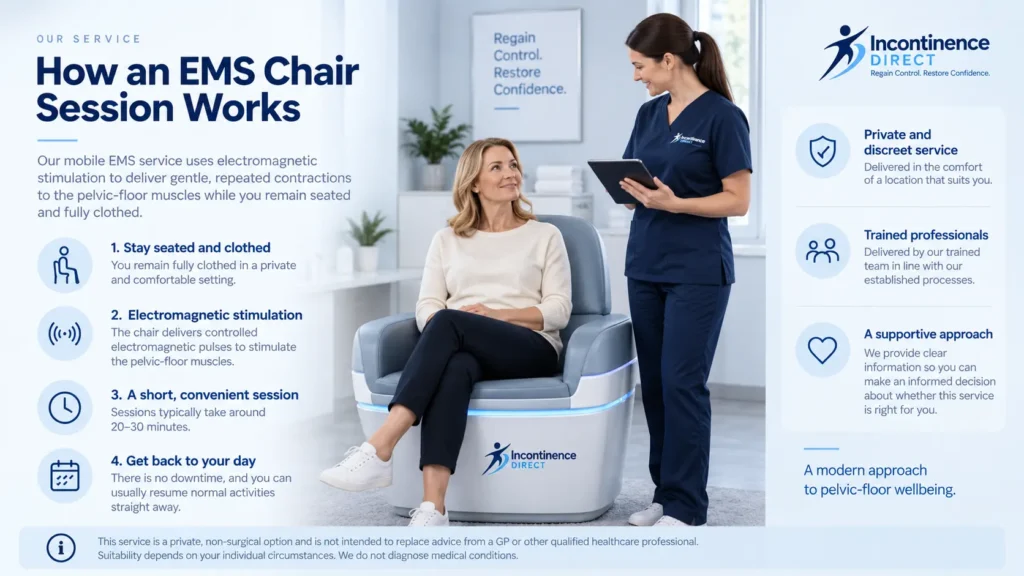 Illustration showing an EMS chair session at Incontinence Direct Middlesbrough